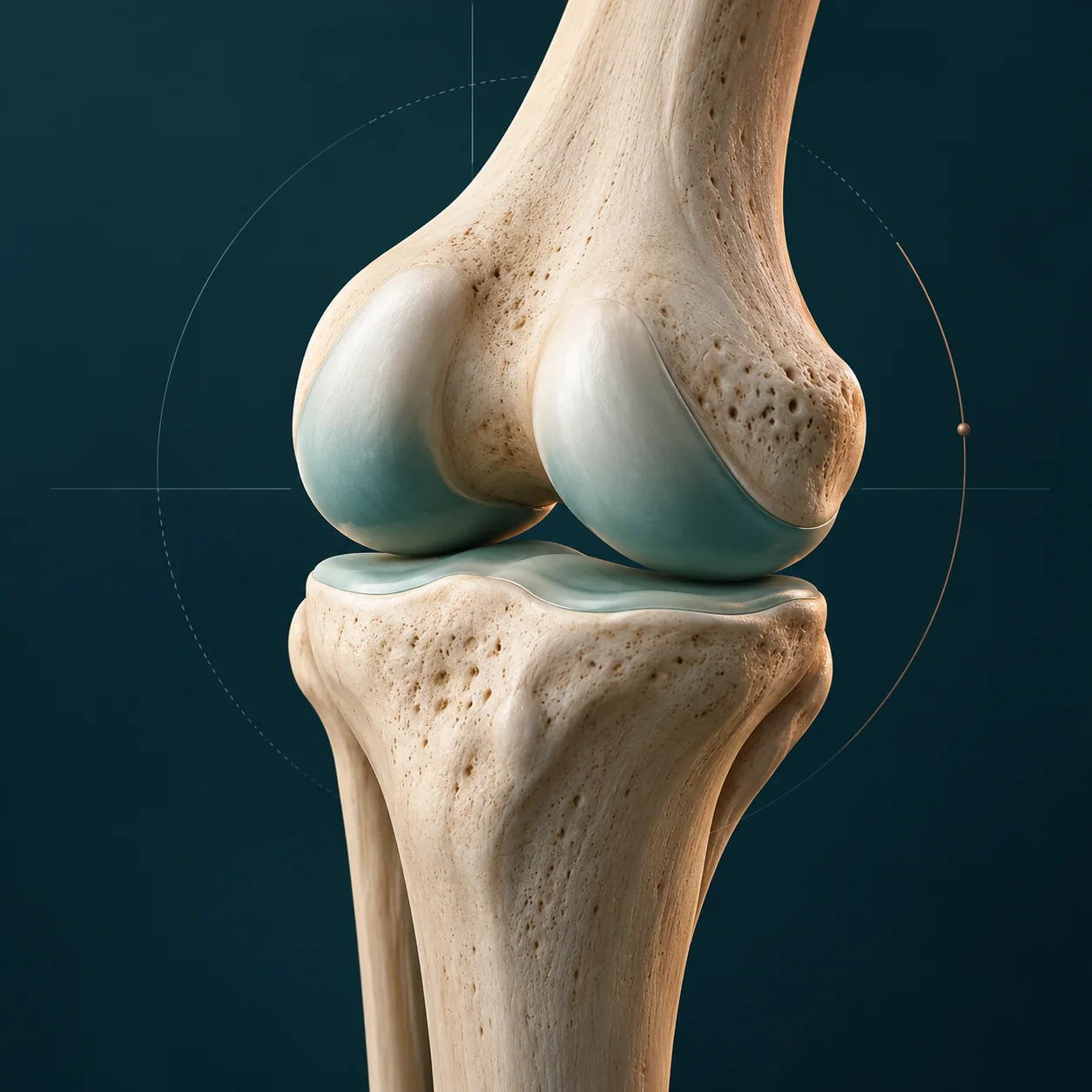 Conceptual illustration of a joint, with ivory bone and teal cartilage surfaces